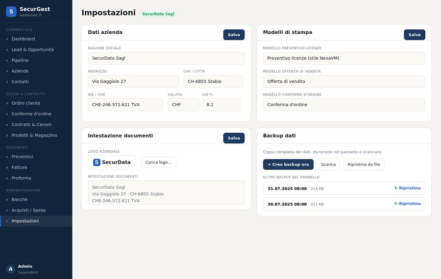 Impostazioni e configurazione di SecurGest