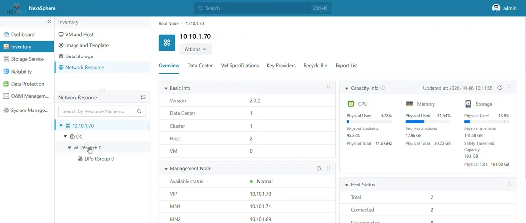 Console NexaSphere: versione, capacit&agrave; di CPU, memoria e storage, stato dei nodi di gestione