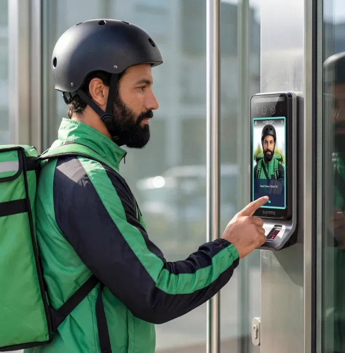A courier is recognized by a Suprema BioStation 3 terminal at the entrance of a building