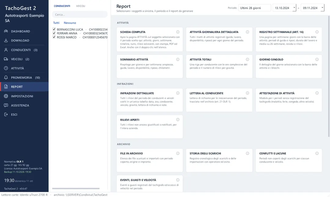 Report di TachoGest: attività, infrazioni e archivio